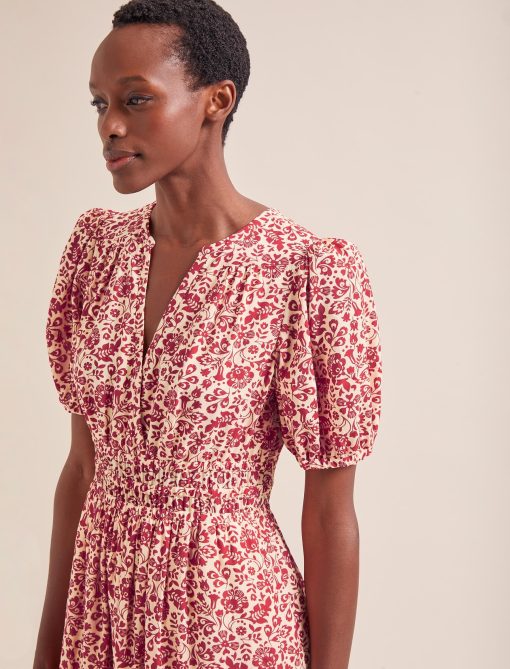 Olive Cotton Blend Midi Dress - Red Mono Floral Print - Image 2