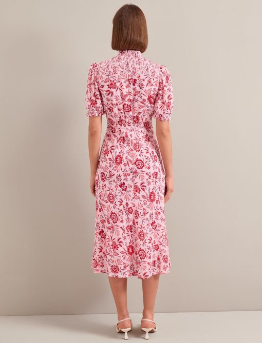 Irina Cotton Blend Midi Dress - Pink Palm Floral Print - Image 9