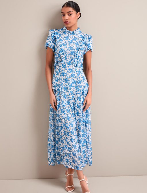 Mirabel Gold Metallic Fil Coupé Maxi Dress - White Blue Paisley Print - Image 9