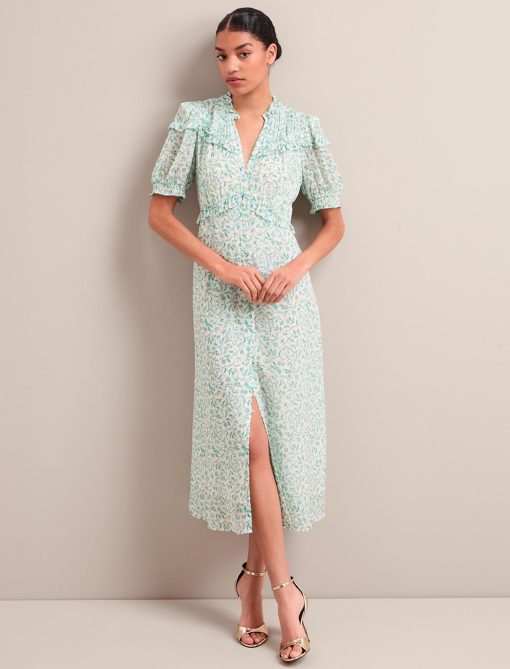 Viola Gold Metallic Fil Coupé Midi Dress - Green Yellow Trailing Feather Print - Image 4