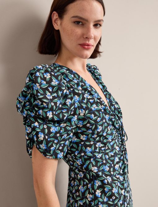 Ophelia Bias Cut Maxi Dress - Black Blue Deco Floral Print - Image 3